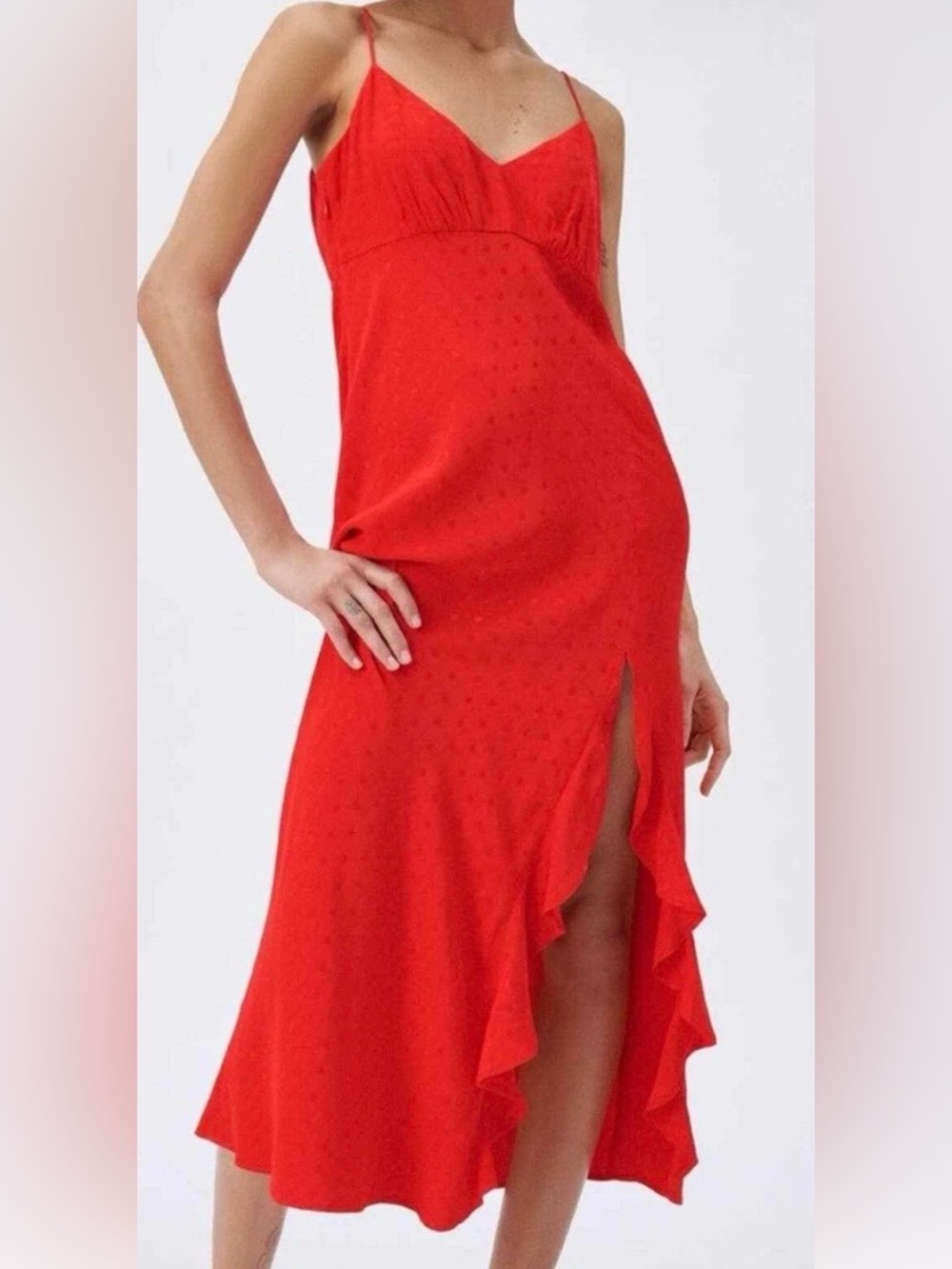 Zara Red V-Neck Slip Dress Ruffle Midi Sleeveless Large